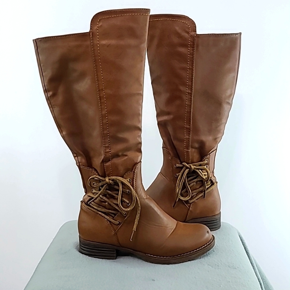 GLOBAL WIN Women's Brown‎ Knee High Boots Decorative Lace Up - Size 7